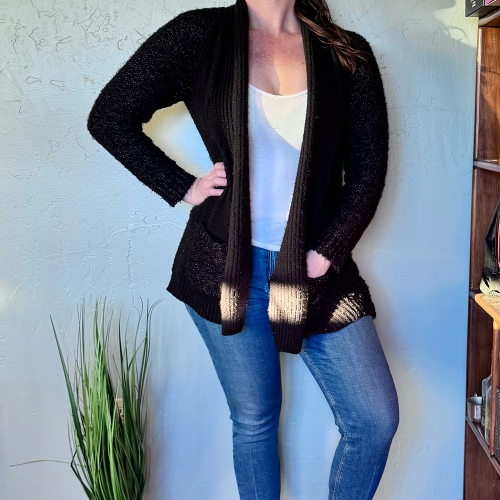 Candie's Black Open-Front Cable Knit Chunky Ribbed Cardigan with Pockets
